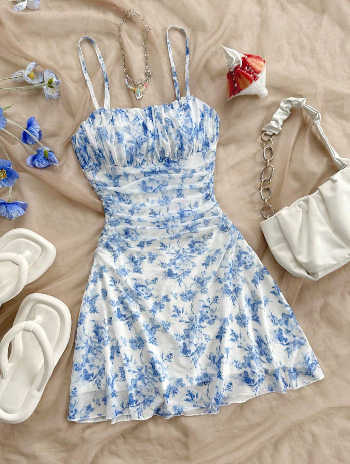Blue and White Floral Halter Dress for Summer Charm