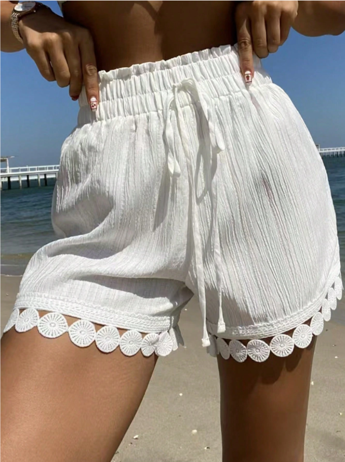 White Lace Trim Beach Cover-Up Shorts for Summer Ease