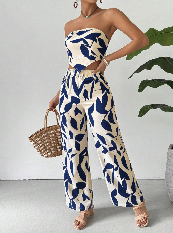 Strapless Printed Tube Top and Pants Two-Piece Set