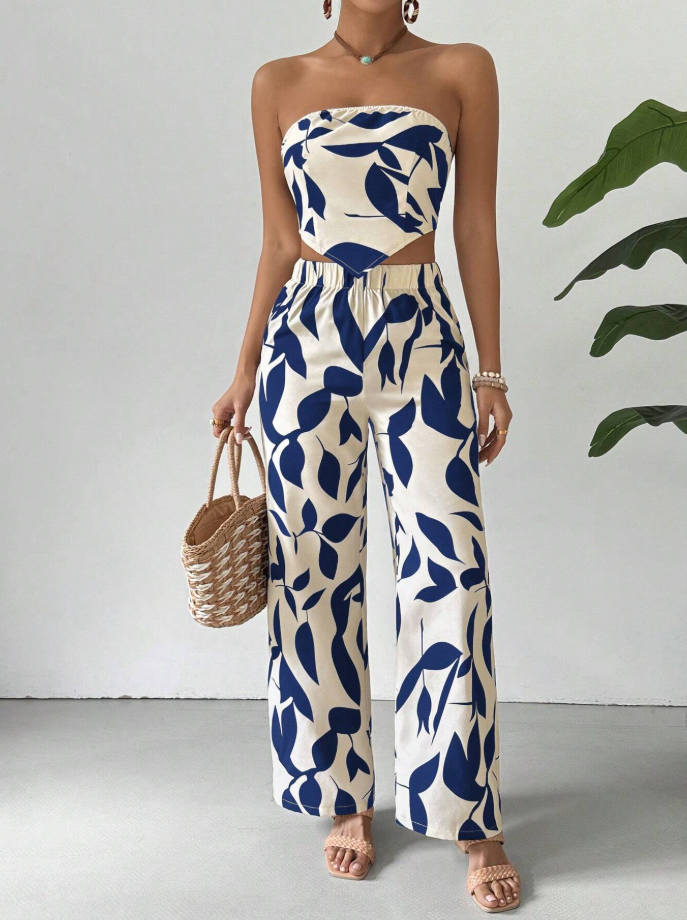 Strapless Printed Tube Top and Pants Two-Piece Set