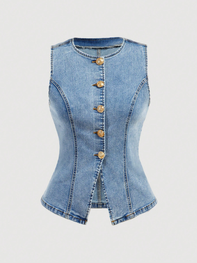 Women's Casual Washed Button Front Sleeveless Denim Shirt
