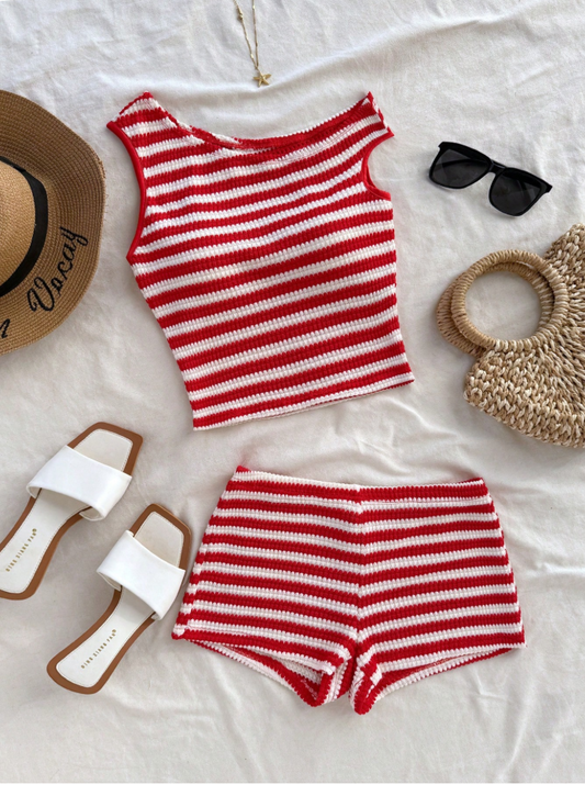 Soleia Asymmetric 2pcs-Set Women's Holiday Striped Knit Top and Ultra Low Waist Shorts