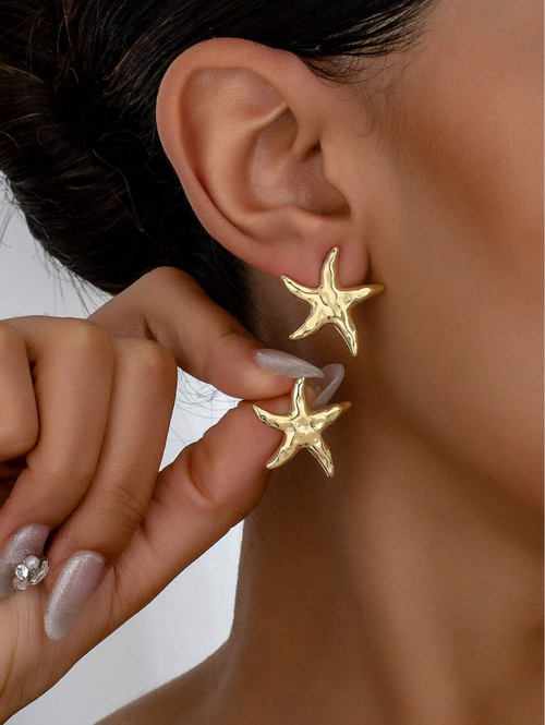 Pair Stylish Elegant Asymmetrical Starfish Stud Earrings With Ocean Theme