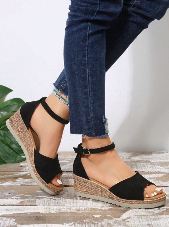 Black Peep Toe Wedge Platform Sandals