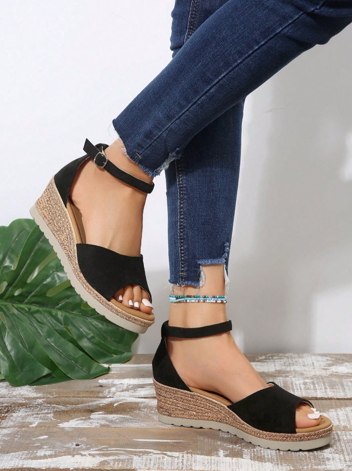 Black Peep Toe Wedge Platform Sandals