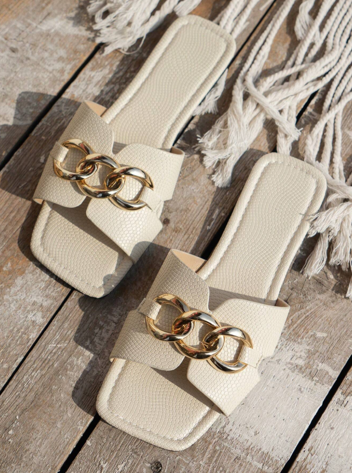 Beige Korean-Style Chain Flat Sandals