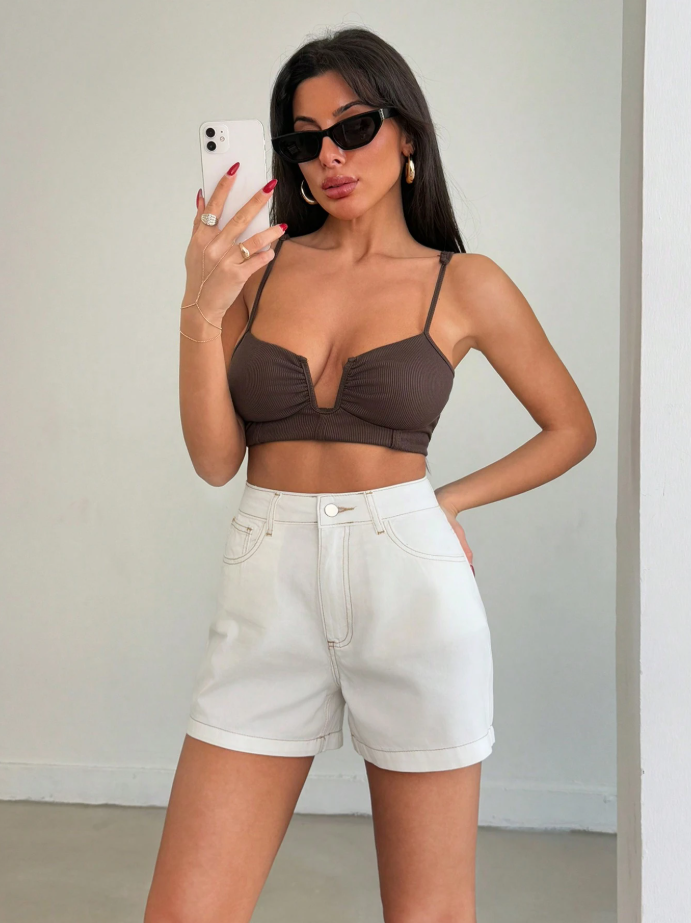 White High-Waisted Denim Shorts