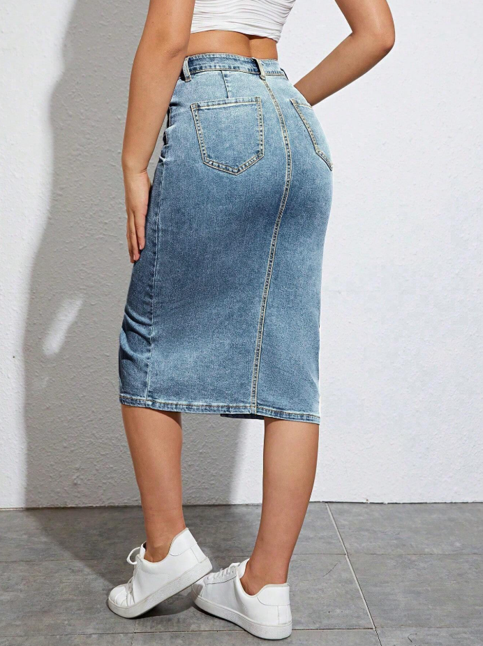 Mid-Wash Front Slit Denim Skirt