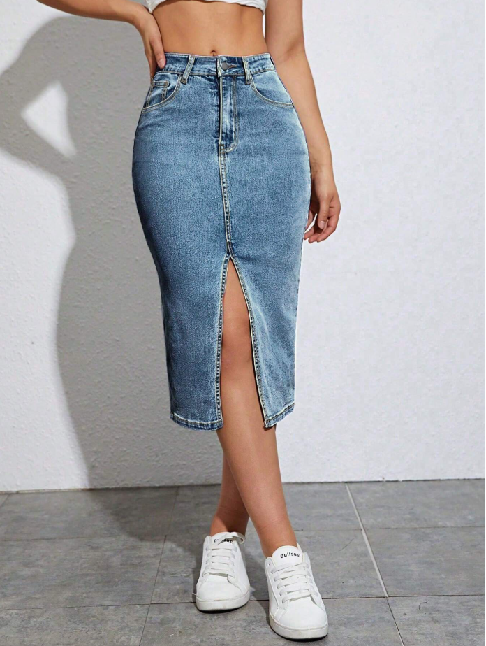 Mid-Wash Front Slit Denim Skirt