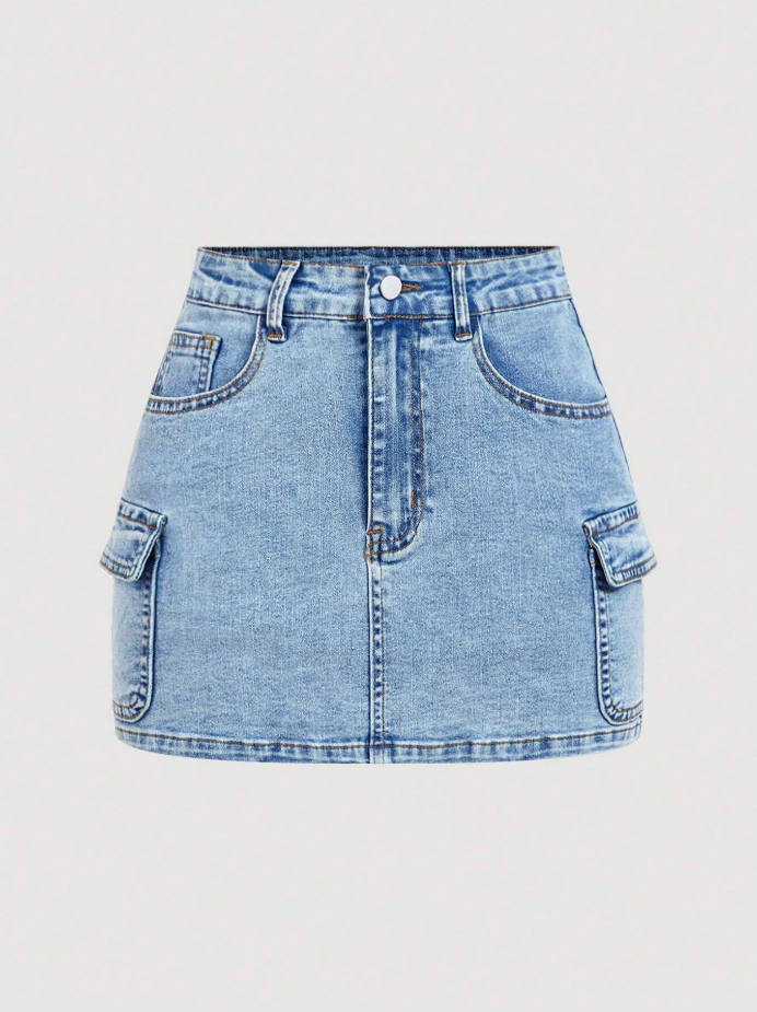 Light Wash Pocketed Button Denim Mini Skirt