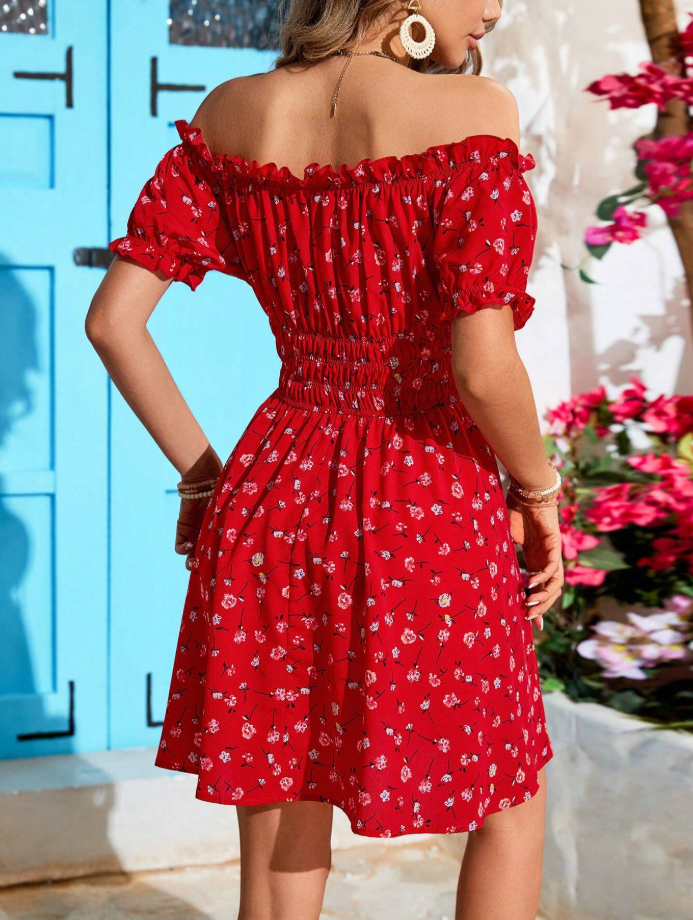 Red Off-Shoulder Ruffle Boho Dress