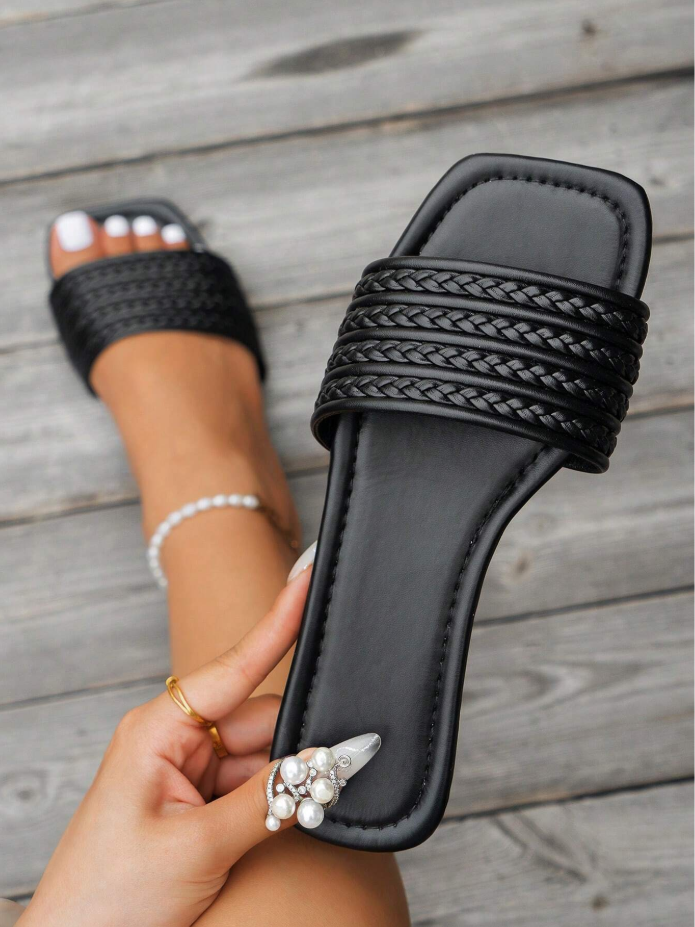 Black Braided Strap Square-Toe Flat Sandals
