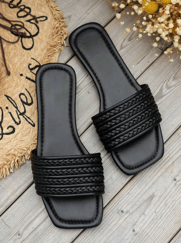 Black Braided Strap Square-Toe Flat Sandals