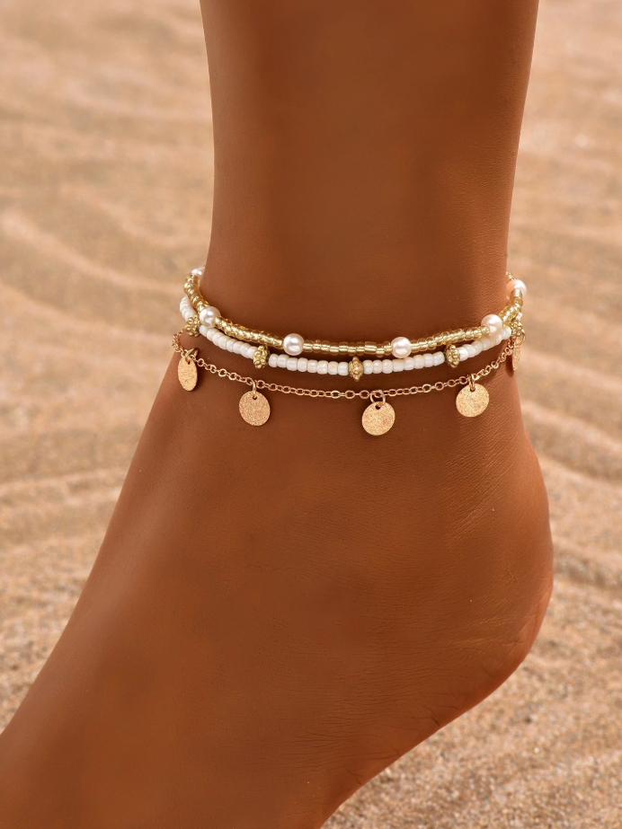 3-Piece Gold-Tone Beaded Layered Anklet Set