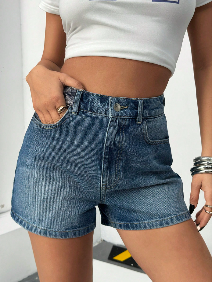 High Waist Pocketed Vintage Denim Shorts