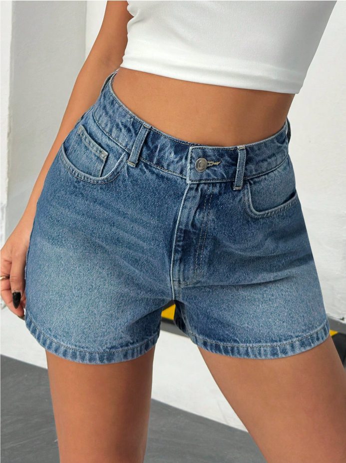 High Waist Pocketed Vintage Denim Shorts