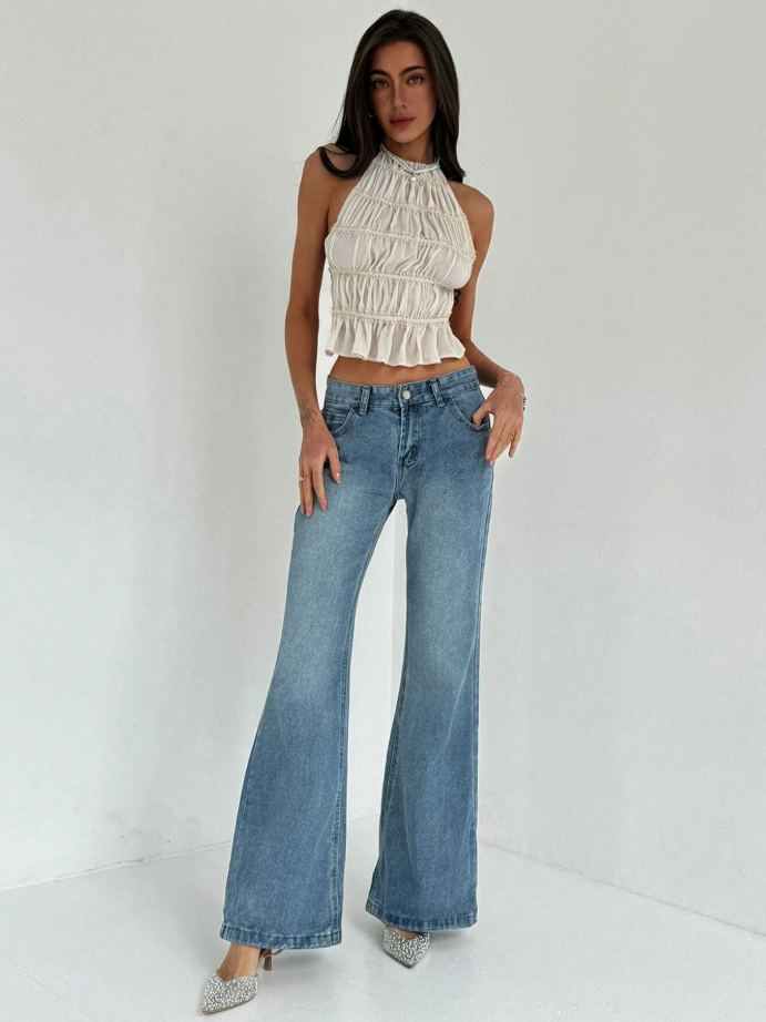 Beige Pleated Tie-Neck Sleeveless Top