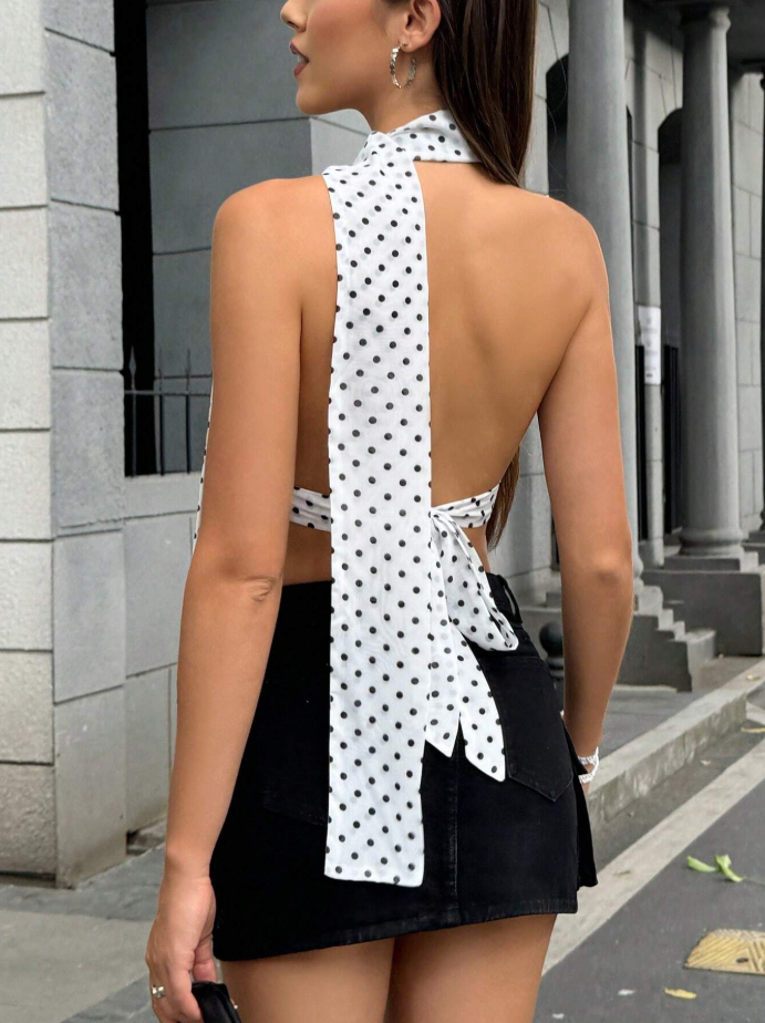 Elegant Polka Dot Halter Top – Parisian Flair