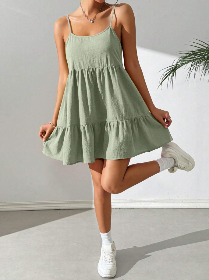 Mint Green Backless Ruffle Hem Cami Dress