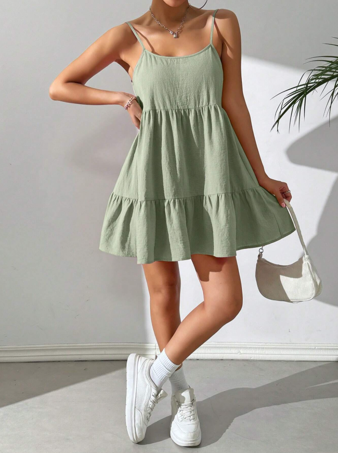 Mint Green Backless Ruffle Hem Cami Dress