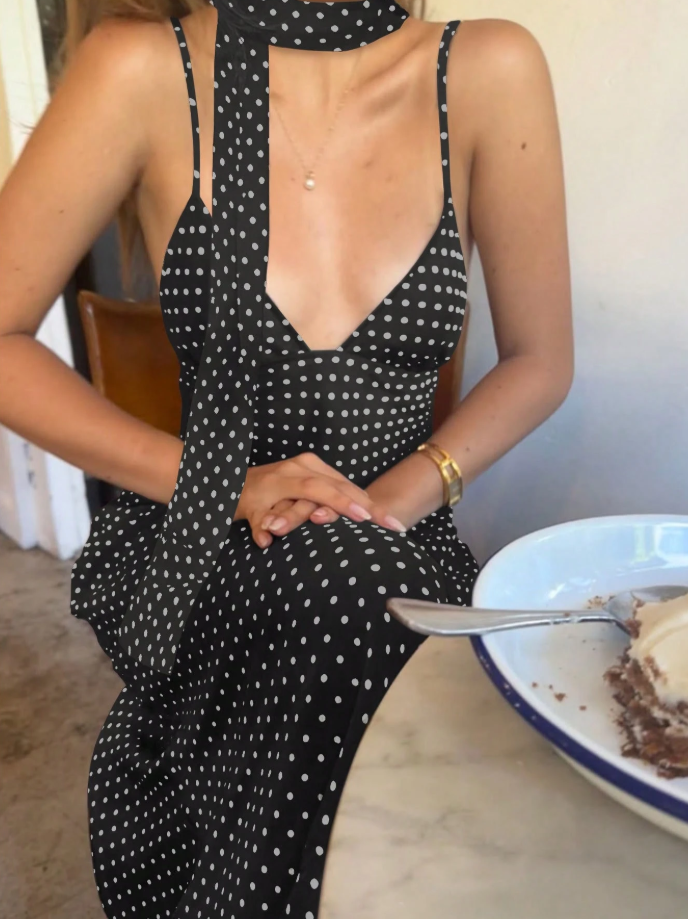Polka Dot Backless Strap Maxi Dress