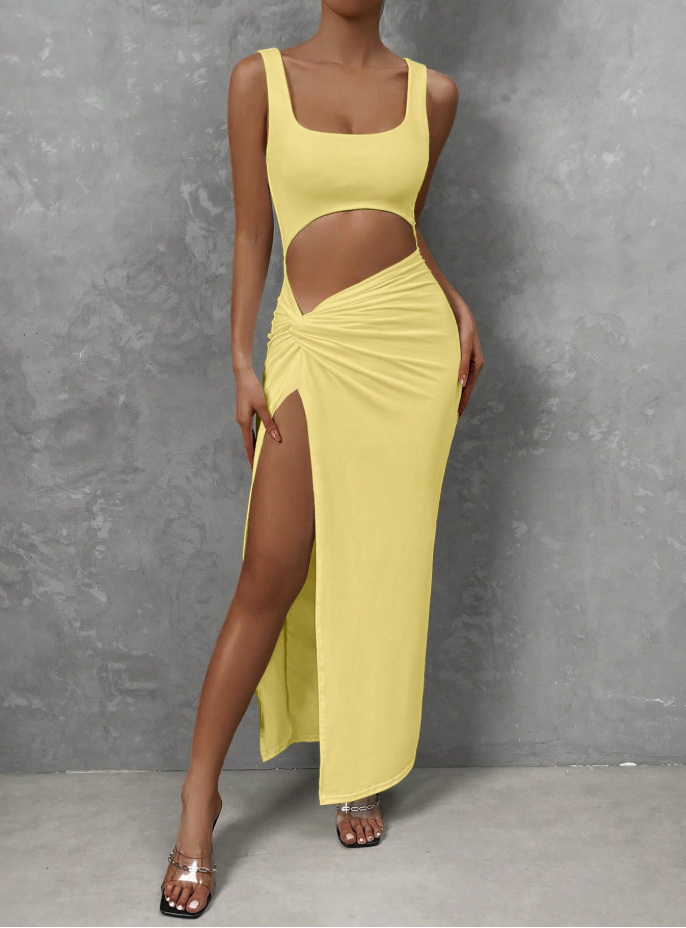 Twist-Front Cutout Maxi Dress in Yellow