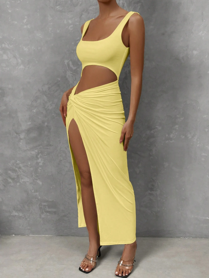 Twist-Front Cutout Maxi Dress in Yellow