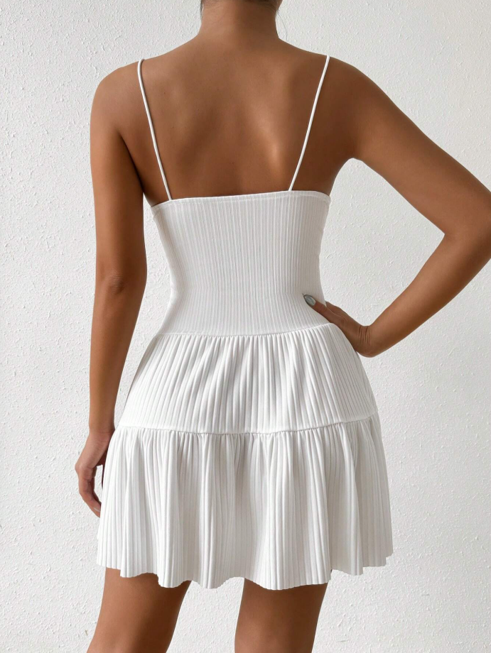 Allurite White Ribbed Knit Spaghetti Strap Dress