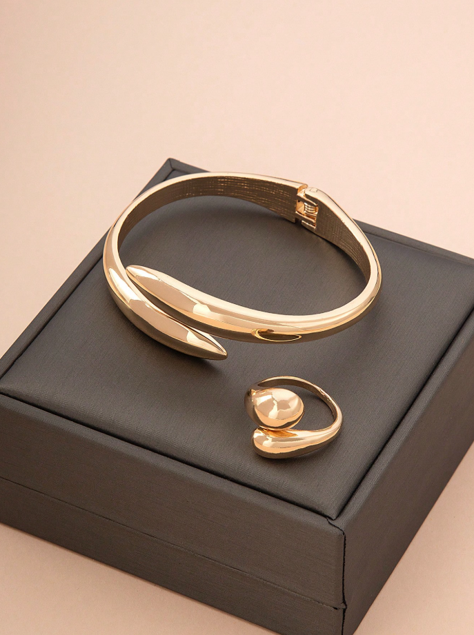 Geometric Gold Bangle & Ring Set