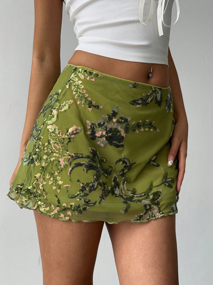 Aloruh Green Sequin Embroidered Mini Skirt
