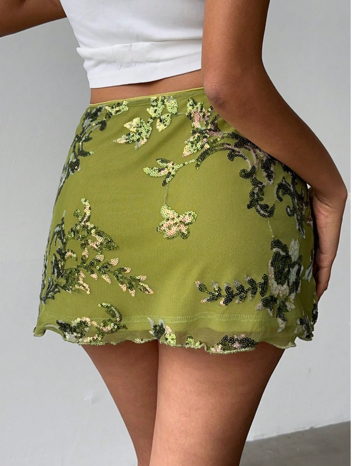 Aloruh Green Sequin Embroidered Mini Skirt