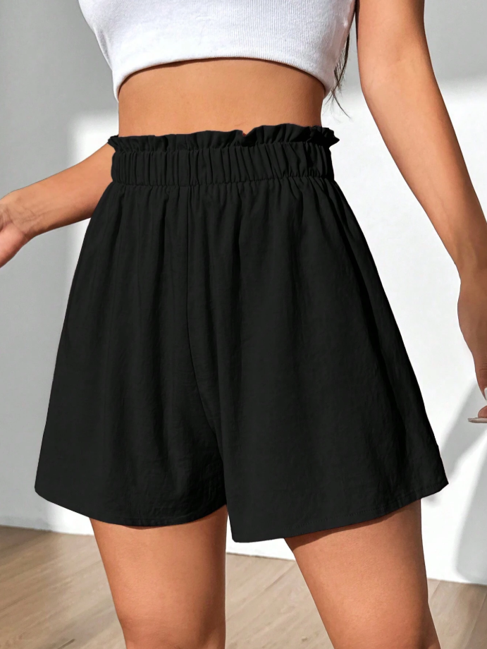 Flirla Summer Casual Loose Fit Solid Color Ruffled Waist Shorts