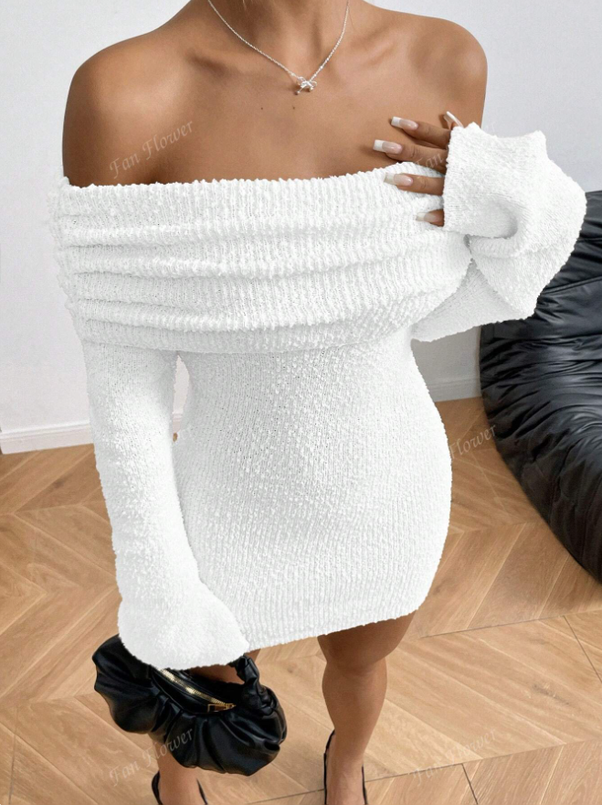 Off-Shoulder Textured Knit Mini Dress