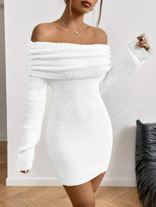 Off-Shoulder Textured Knit Mini Dress