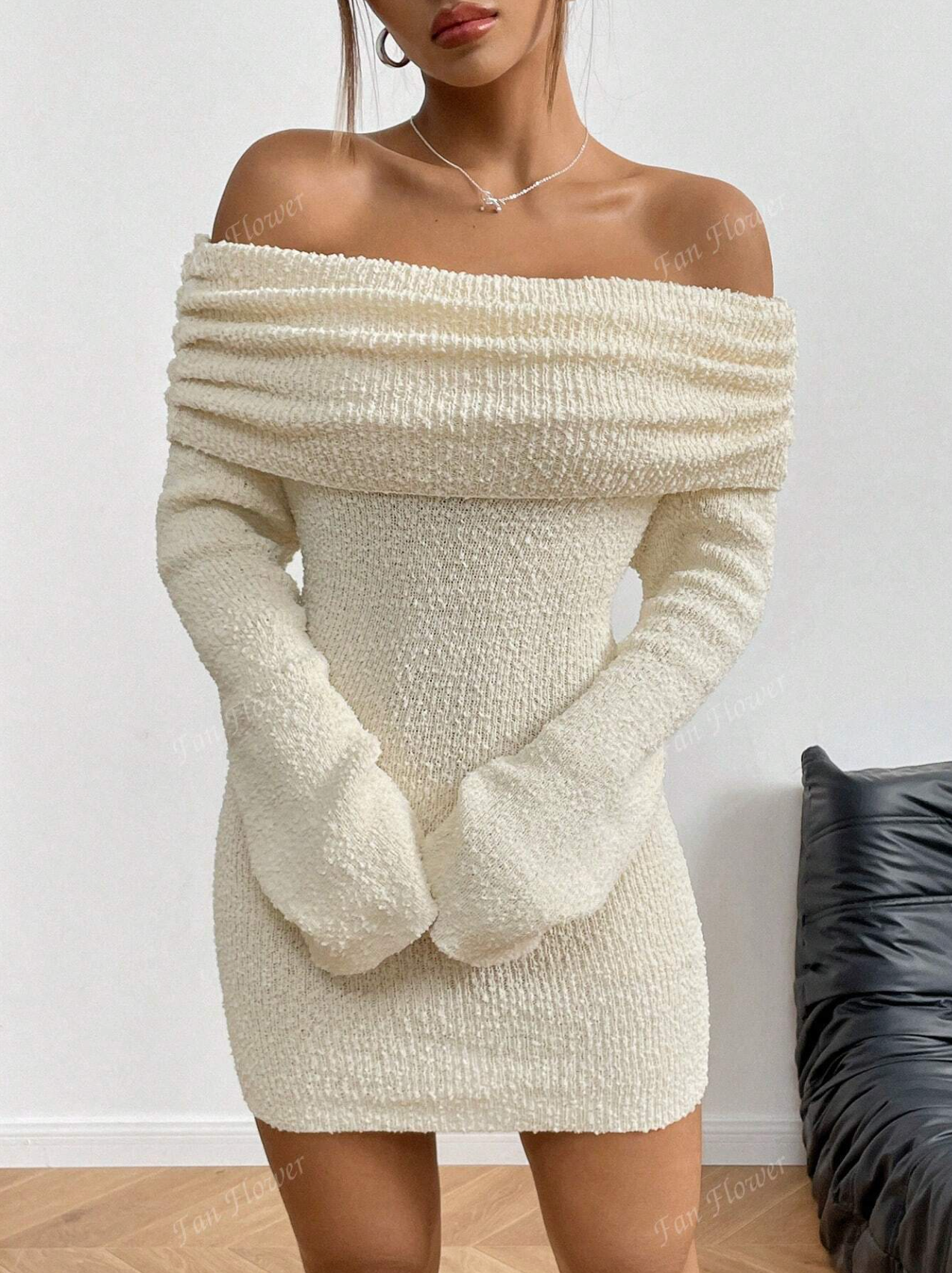 Off-Shoulder Textured Knit Mini Dress