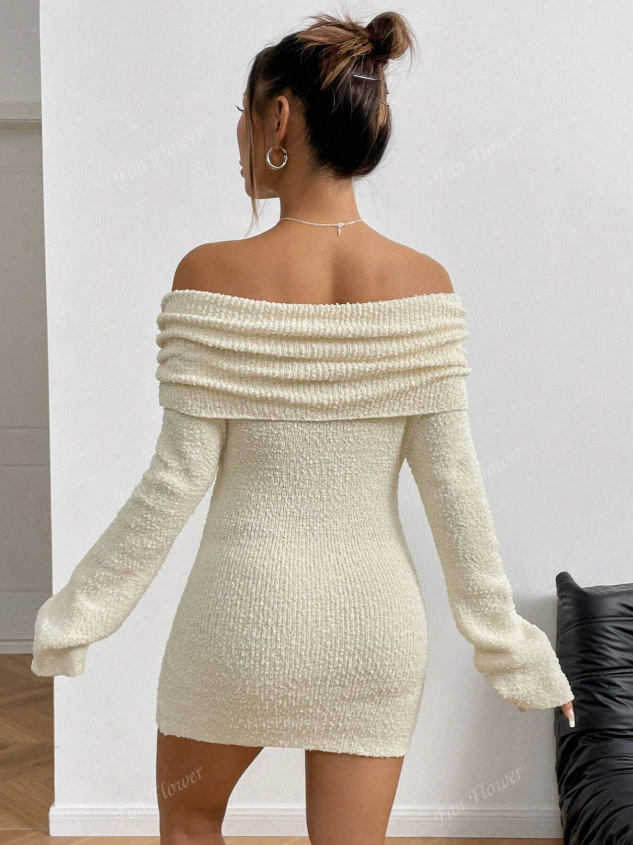 Off-Shoulder Textured Knit Mini Dress