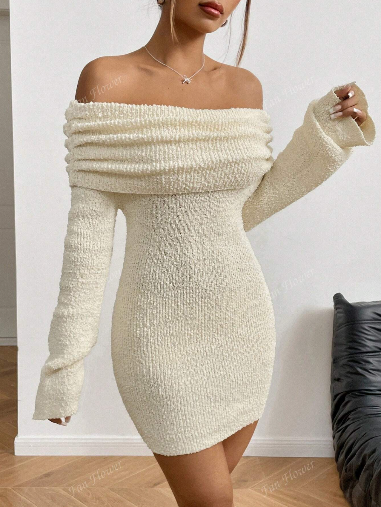 Off-Shoulder Textured Knit Mini Dress