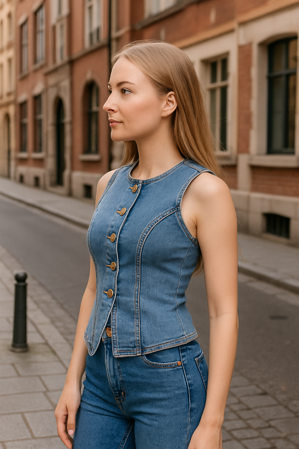 Women's Casual Washed Button Front Sleeveless Denim Shirt