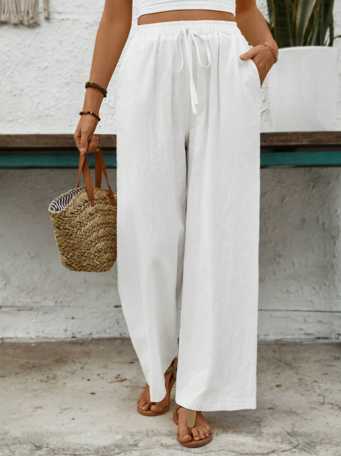 White Tie-Front Wide-Leg Pants for Casual Comfort