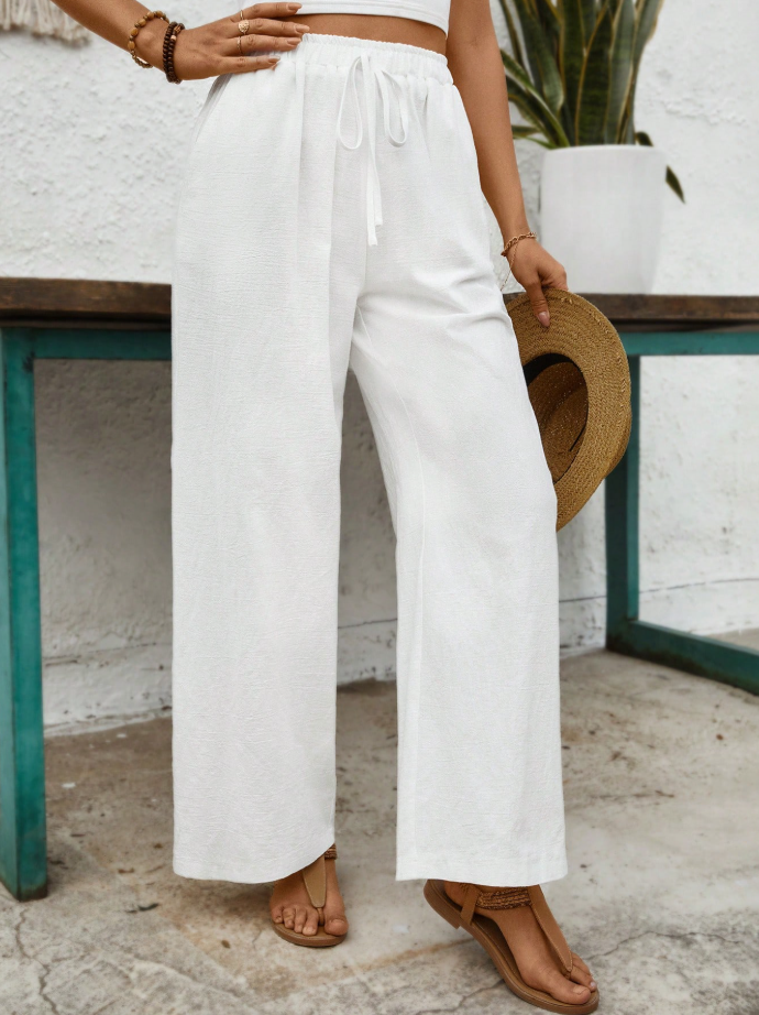 White Tie-Front Wide-Leg Pants for Casual Comfort
