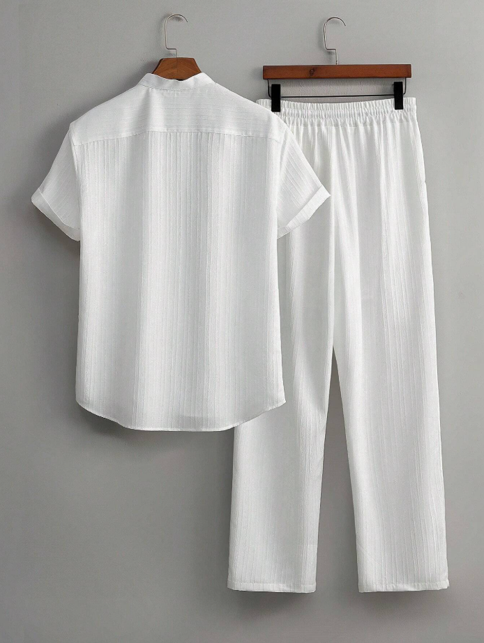 White Short-Sleeve Shirt and Pants Set for Minimalist Comfort
