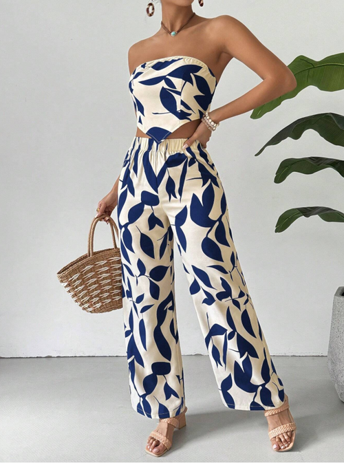 Strapless Printed Tube Top and Pants Two-Piece Set