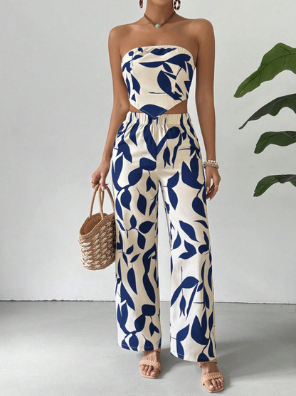 Strapless Printed Tube Top and Pants Two-Piece Set