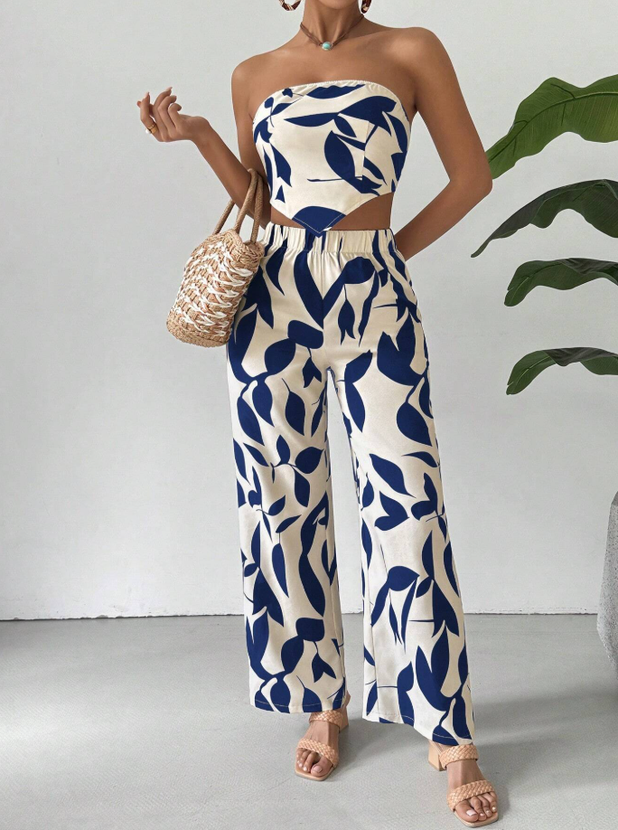 Strapless Printed Tube Top and Pants Two-Piece Set