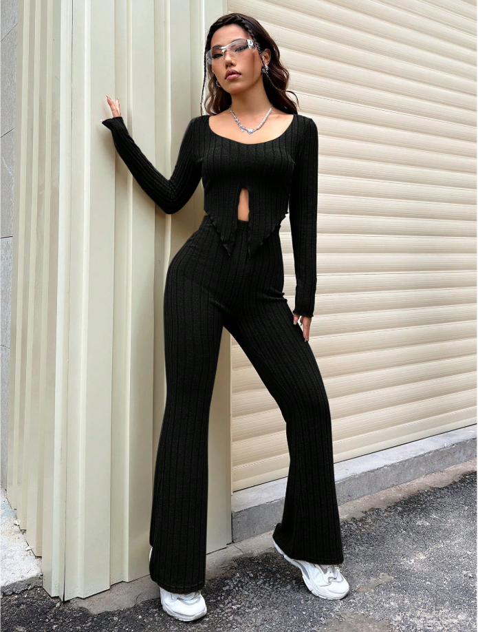 Flirla Women's Long Sleeve Ribbed T-Shirt and Pants Set with Split Hem Design