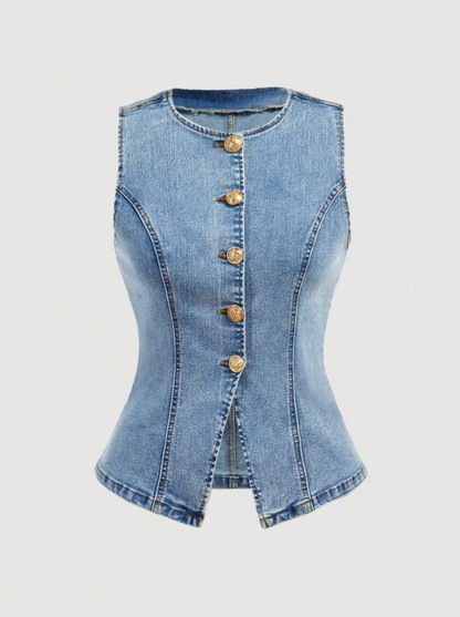 Women's Casual Washed Button Front Sleeveless Denim Shirt