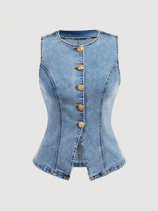 Women's Casual Washed Button Front Sleeveless Denim Shirt