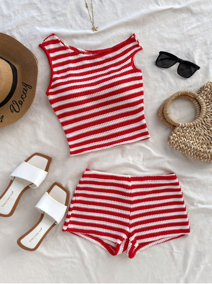 Soleia Asymmetric 2pcs-Set Women's Holiday Striped Knit Top and Ultra Low Waist Shorts