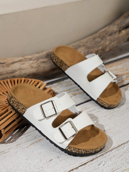 White Double Buckle Cork Sandals