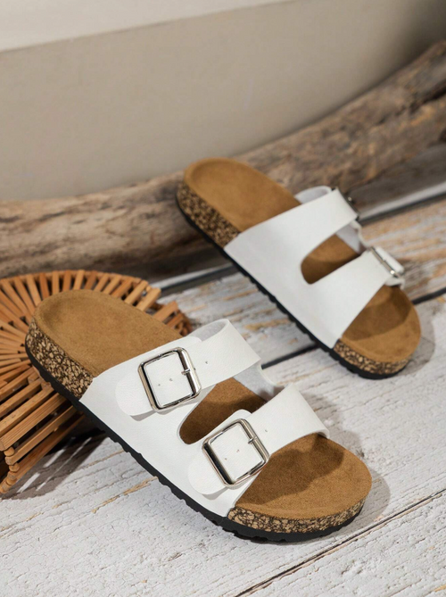 White Double Buckle Cork Sandals